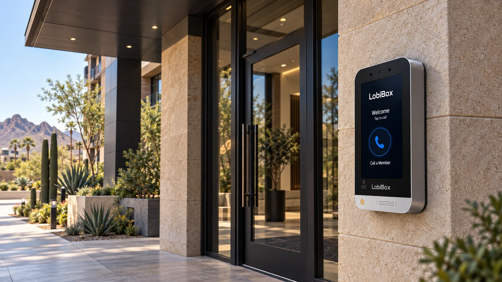 Concept view of a shaded LobiBox entrance at an Arizona property