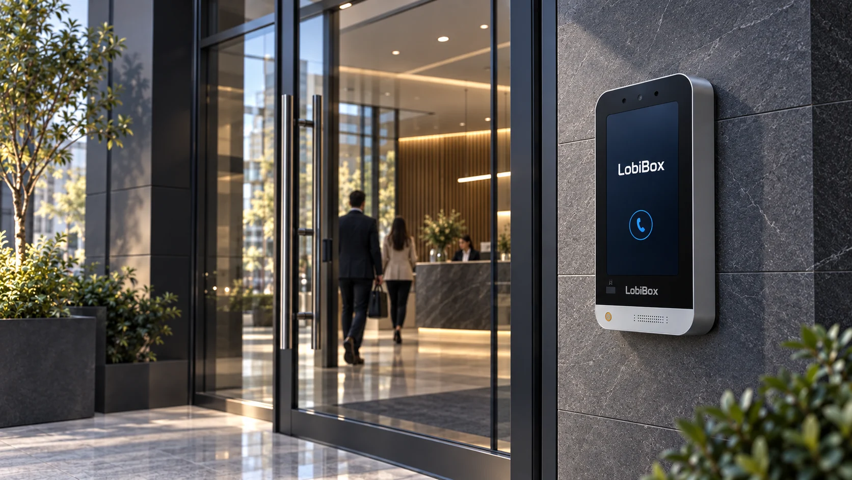 Concept view of a LobiBox video intercom at a commercial property