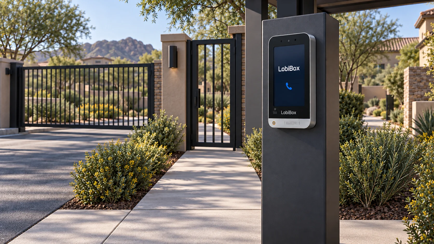 Concept view of a LobiBox intercom beside a community pedestrian gate