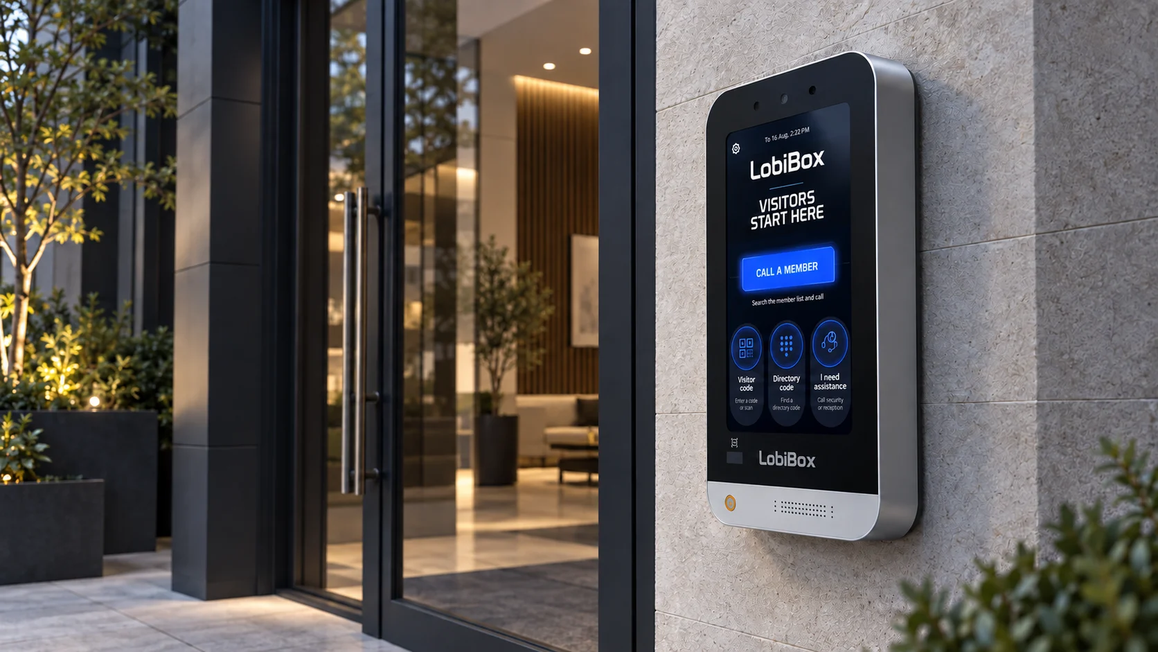 Concept view of a LobiBox video intercom at a contemporary building entrance