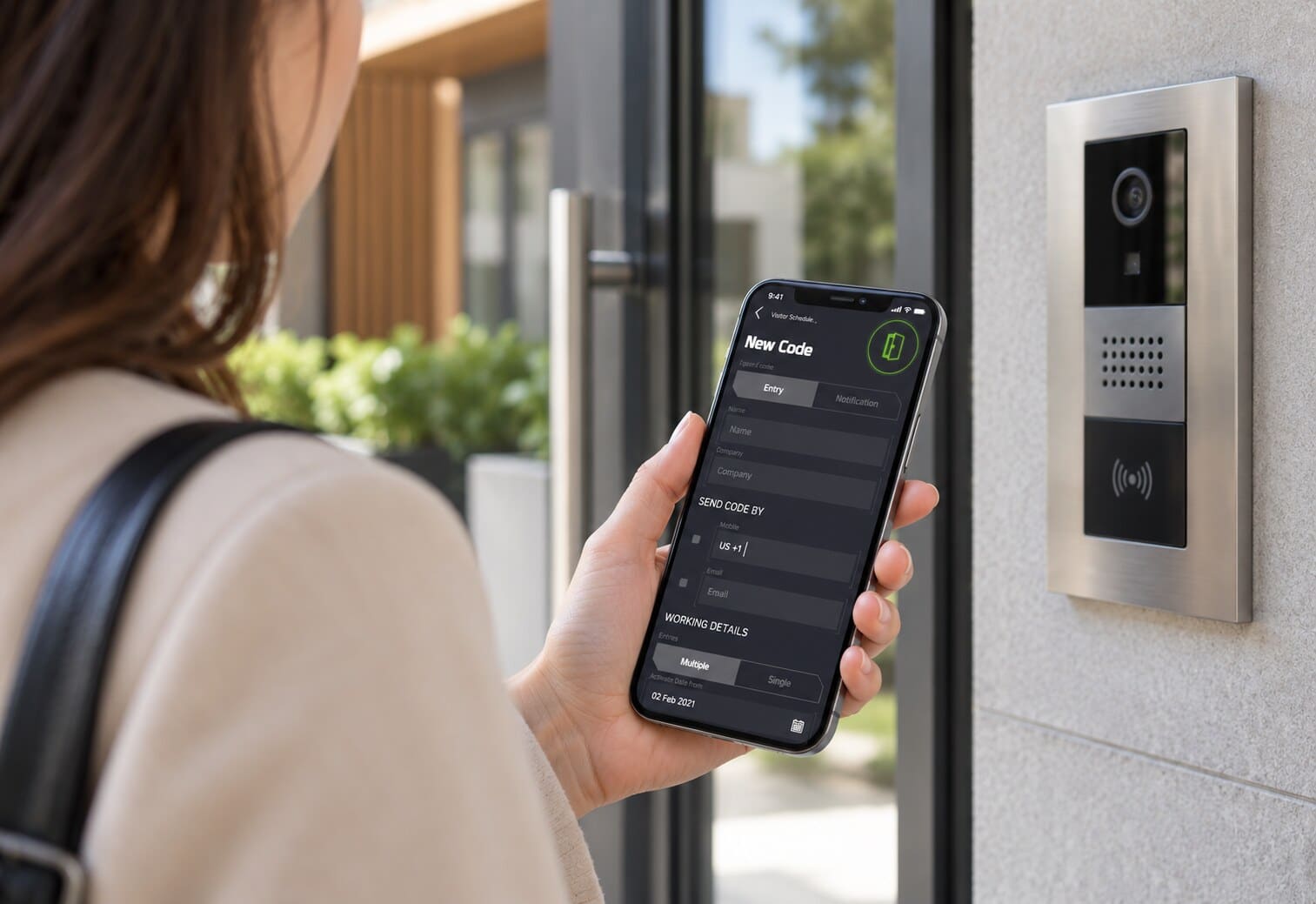 Mobile entry app on a phone beside an entry intercom