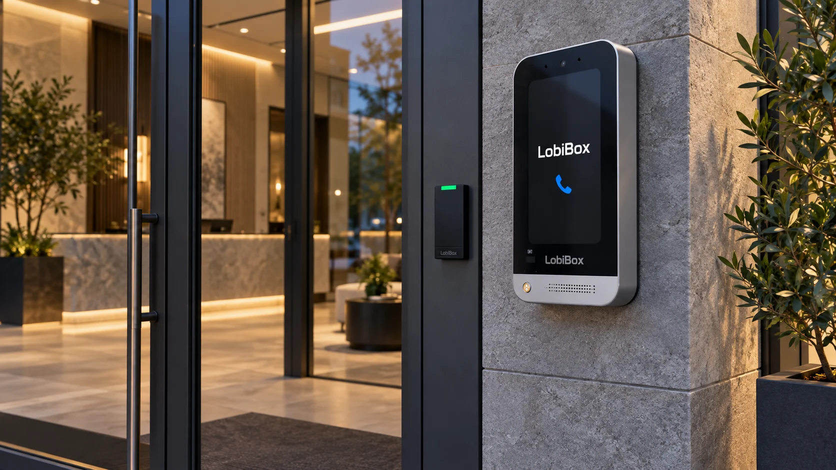 Concept view of a LobiBox intercom and RFID reader at a shared entrance
