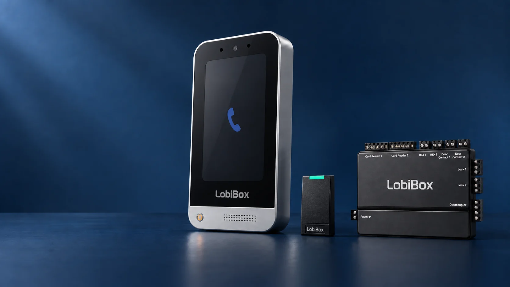 Illustrative LobiBox intercom, RFID reader and two-door controller collection