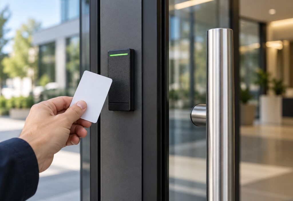 RFID card reader beside a glass entry door