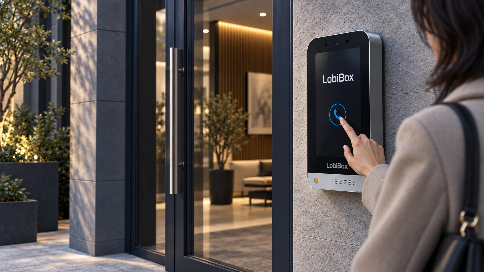 Concept view of a visitor using a LobiBox intercom call control